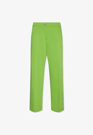 Pantaloni verdi a gamba dritta a vita alta con chiusura frontale con bottone e cerniera, mostrati su sfondo bianco.