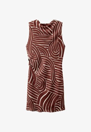 Sukienka bez rękawów w głębokim burgundzie z falistym wzorem białej linii, posiadająca zamek błyskawiczny z tyłu oraz gładką, teksturowaną tkaninę.
