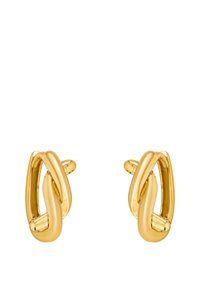 Orecchini color oro con un design a loop intrecciato, texture liscia e finitura lucida, che presentano uno stile contemporaneo.