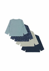 Négy hosszú ujjú pólóból álló szett: világoskék, tengerészkék fehér csillagokkal, szürke és sötét tengerészkék. Pamut anyag, kerek nyakú dizájn, egyszínű és mintás.