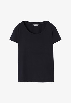 Juodas trumpų rankovių marškinėliai, pagaminti iš minkštos medvilnės, su apvaliomis iškirptėmis ir laisvu siluetu. Be siūlių konstrukcija, be matomų raštų ar akcentų.