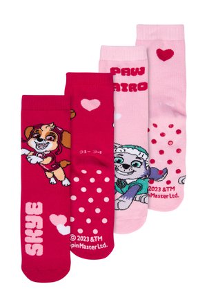 Set von vier Socken in Pink und Rot. Mit Cartoon-Hundedesigns, Herzen und Punkten. Aus weichem, dehnbarem Material für zusätzlichen Komfort.