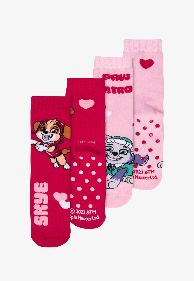 Set di quattro calzini in rosa e rosso. Presentano design di cani cartone animato, cuori e pois. Realizzati in materiale morbido e elastico per il massimo comfort.