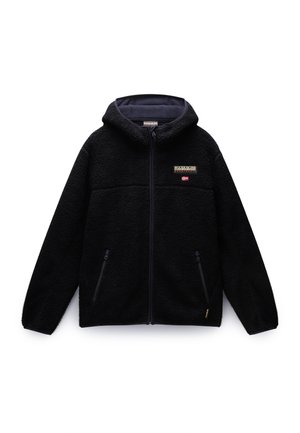 Chaqueta negra de forro polar con cremallera y capucha, dos bolsillos frontales con cremallera y un pequeño logo de la bandera noruega en el pecho.