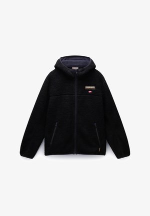 Czarna kurtka z polaru na zamek z kapturem, dwie przednie kieszenie na zamek i małe logo norweskiej flagi na klatce piersiowej.