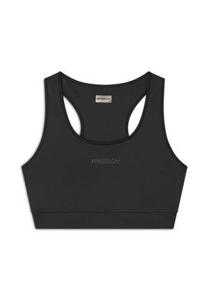 Reggiseno sportivo nero realizzato in tessuto morbido, con scollatura arrotondata e design a racerback. Logo "FREDDY" discreto al centro anteriore.