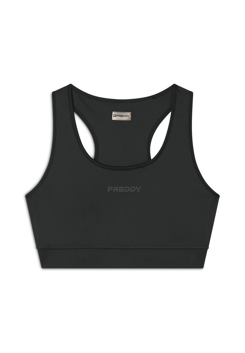 Reggiseno sportivo nero realizzato in tessuto morbido, con scollatura arrotondata e design a racerback. Logo "FREDDY" discreto al centro anteriore.