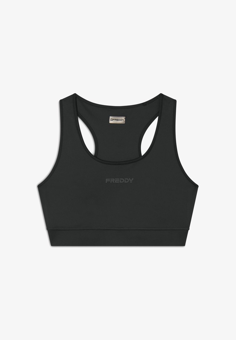 Reggiseno sportivo nero realizzato in tessuto morbido, con scollatura arrotondata e design a racerback. Logo "FREDDY" discreto al centro anteriore.