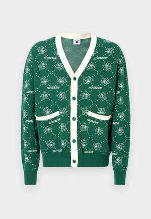 Grüner Cardigan mit V-Ausschnitt, cremefarbener Kante, mit einem Rundum-Eiscreme-Muster, zwei Fronttaschen und Knopfverschlüssen.