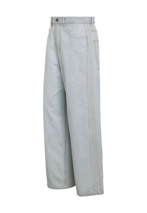 Jasnoniebieskie jeansy z denimu o szerokich nogawkach i wysokim stanie, z detalami bocznych szwów oraz pojedynczą kieszenią z tyłu.