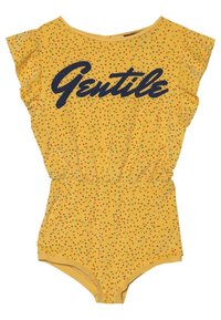 Mono amarillo con mangas cortas con volantes, que presenta un patrón moteado de puntos rojos y verdes, y el texto "Gentile" en azul marino en la parte delantera.