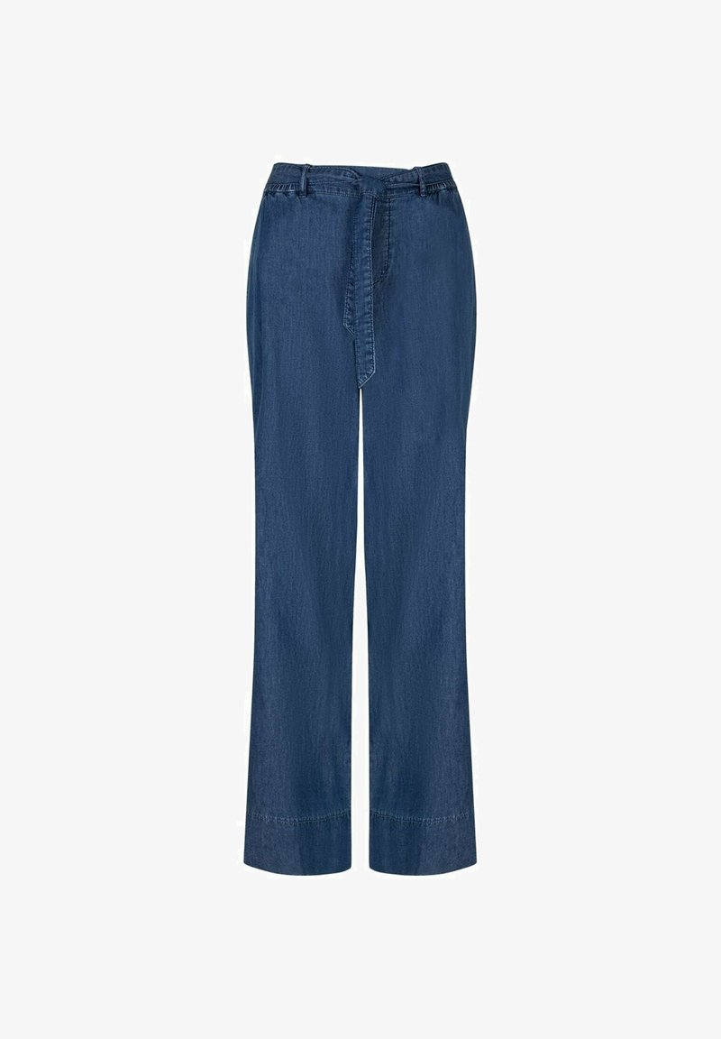 Straight-leg dark blue denim pants with a fabric belt tied at the waist and visible hem stitching.