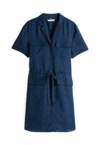 Abito camicia in lino blu navy con maniche corte, chiusura frontale con bottoni, due tasche sul petto, vita con cintura e orlo dolcemente curvo.