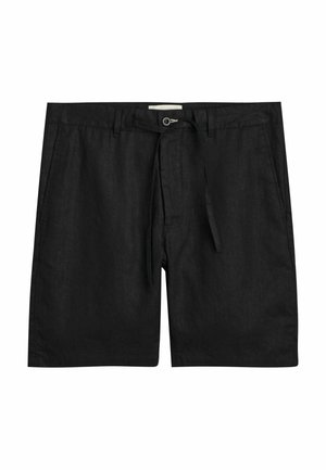 Pantaloni corti neri in lino con vita regolabile, fronte piatto e due tasche laterali. Tessuto morbido con una vestibilità comoda e design alla lunghezza del ginocchio.