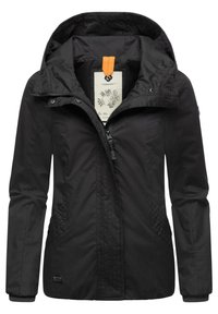 Veste noire avec une capuche texturée. Dispose d'une fermeture éclair à l'avant, de poches latérales et de poignets �élastiques. Comprend une étiquette orange sur l'étiquette du cou.