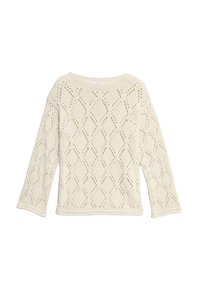 Pull en crème tricoté avec un motif en losange, col rond et manches longues. Le fil texturé crée une apparence aérienne et légère.
