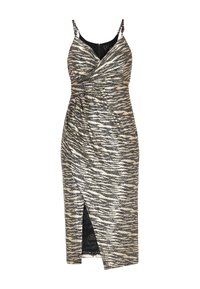 Abito a strisce tigre in oro metallico e nero, caratterizzato da un design avvolgente, spalline regolabili e uno spacco alto fino alla coscia.