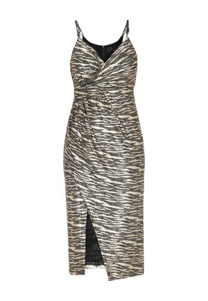 Tiger-stribet kjole i metallisk guld og sort, med en omviklingsdesign, justerbare spaghettistropper og en høj slids til låret.