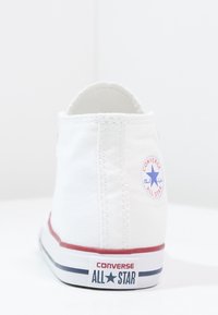 Biała tenisówka z płótna o niskim kroju, z czerwonymi i niebieskimi akcentami na podeszwie oraz okrągłym logo na pięcie z napisem "Converse All Star".