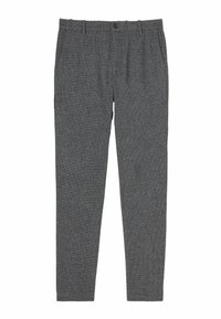 Gray tailored trousers with a subtle textured pattern, featuring a button closure, belt loops, and side pockets. Straight-leg design.