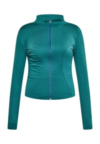 Giacca teal con zip realizzata in tessuto liscio e elasticizzato. Presenta maniche lunghe, un colletto alto e una zip a contrasto sulla parte anteriore.