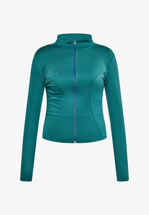 Zelený zip-up svetr vyrobený z hladké, elastické tkaniny. Má dlouhé rukávy, vysoký límec a kontrastní zip vpředu.