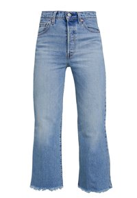Light blue denim jeans with a high waist, wide-leg shape, and raw hem. Includes traditional five-pocket design and metal hardware accents.