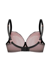 Czarny i różowy bezprzewodowy stanik z wyściełanymi miseczkami, prześwitującą siateczkową taśmą, falbaniastymi brzegami, regulowanymi paskami i zapięciem na haczyk.