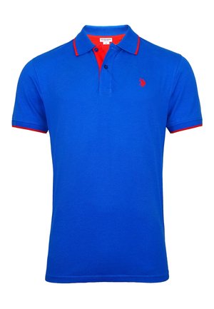 Blue polo shirt made of cotton, featuring a red collar and sleeve accents, a three-button placket, and a small logo on the chest.