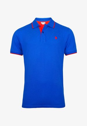 Blue polo shirt made of cotton, featuring a red collar and sleeve accents, a three-button placket, and a small logo on the chest.