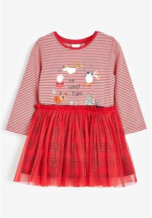 Rød kjole med lange ærmer, der har en stribet overdel og en tylskørt. Broderet festlig design med julemand og rensdyr. Glitter accenter.