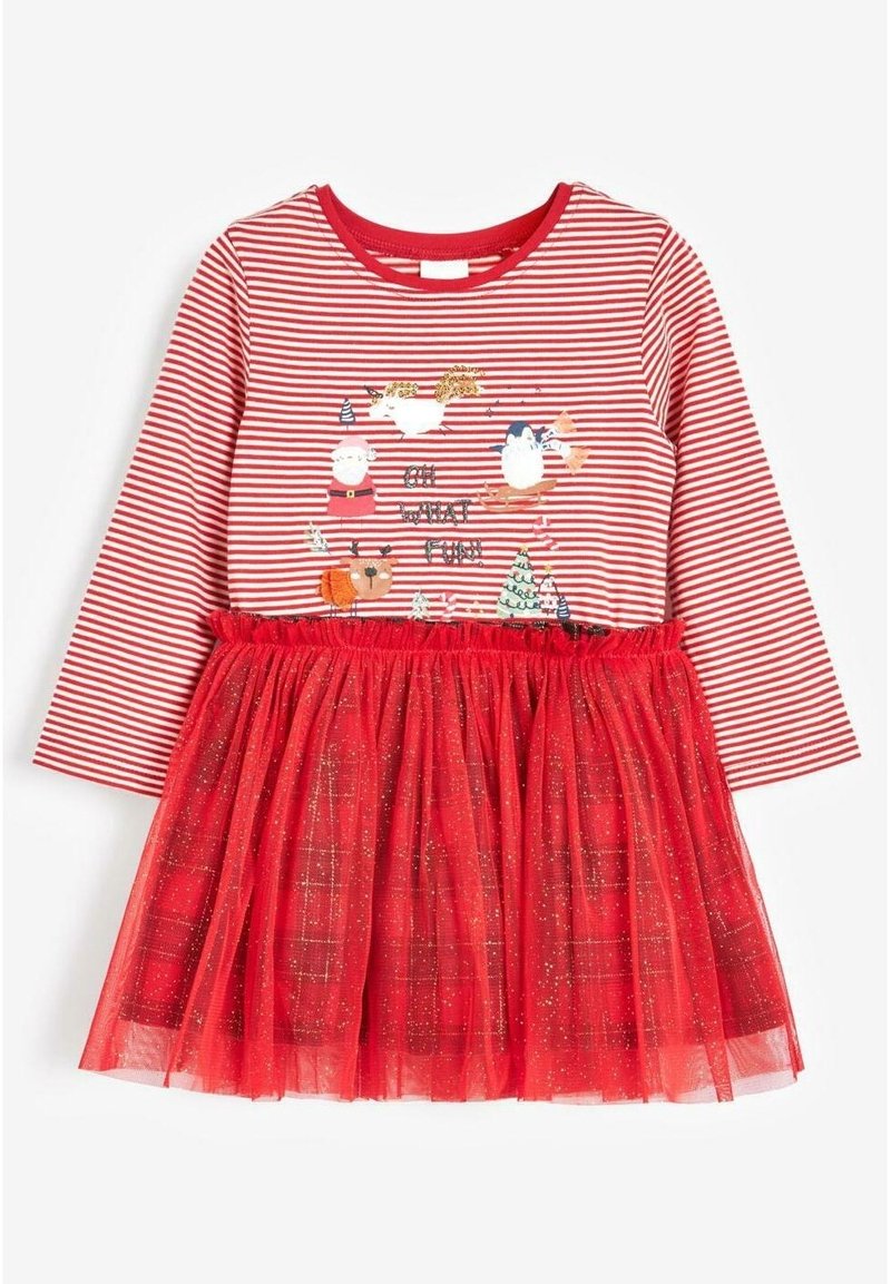 Robe rouge à manches longues, avec un haut rayé et une jupe en tulle. Design festif brodé avec le Père Noël et des rennes. Accents pailletés.