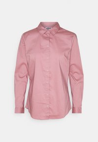 Light pink long-sleeve button-up shirt featuring a classic collar, front placket with buttons, and a smooth cotton texture.
