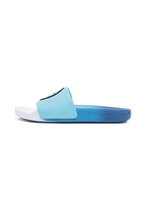 Sandal med enkelt rem i lyseblåt og blå sål, designet til afslappet brug indendørs eller udendørs.