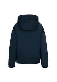 Giacca isolante di colore blu navy con cappuccio, caratterizzata da una texture liscia e polsini elastici. La vista posteriore mostra un design pulito senza chiusure visibili.