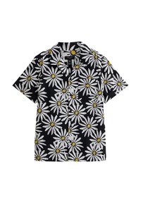 Chemise à manches courtes en tissu noir ornée d'un motif de marguerites blanches avec des centres jaunes. Design avec col, style à boutons sur le devant et coupe décontractée.