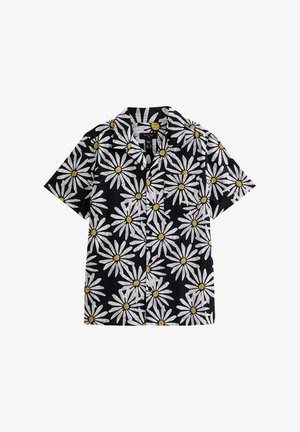Short-sleeve shirt in black fabric featuring a white daisy pattern with yellow centers. Collared design, button-front style, and relaxed fit.