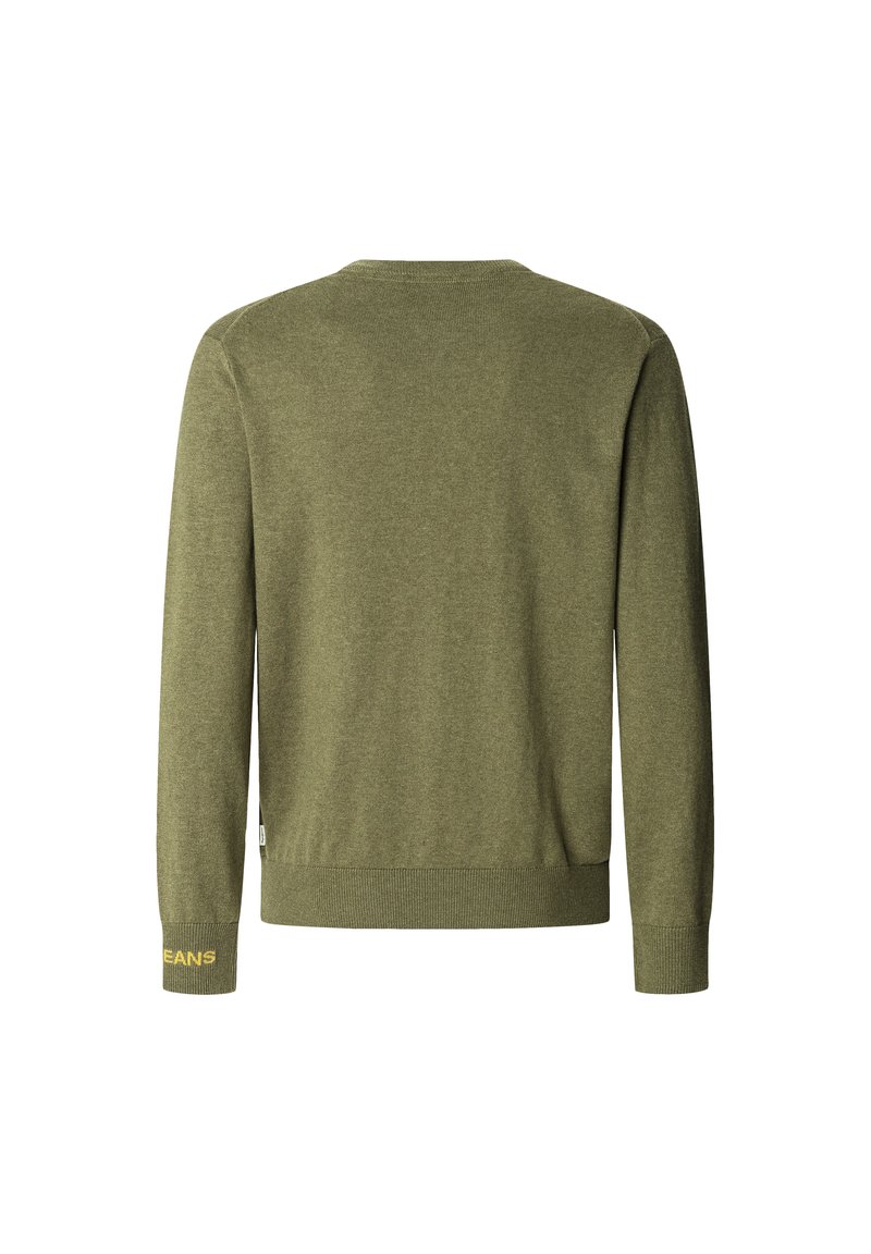 Maglione verde oliva realizzato in morbido tessuto a maglia, con collo rotondo, polsini e orlo a costine, con la parola "JEANS" ricamata in giallo sulla manica.