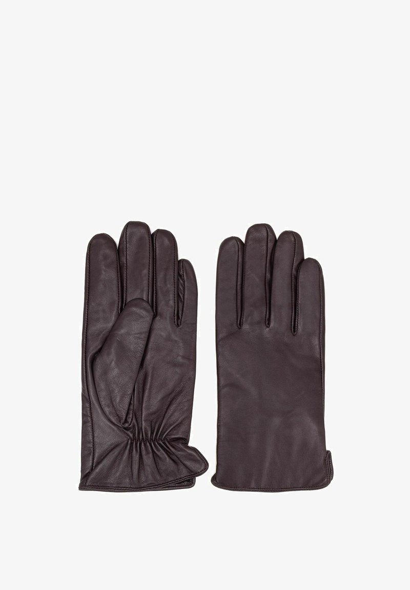 Para ciemno brązowych skórzanych rękawiczek z zebranym detalem przy nadgarstku, przedstawionych z widokiem z przodu i z tyłu na białym tle.