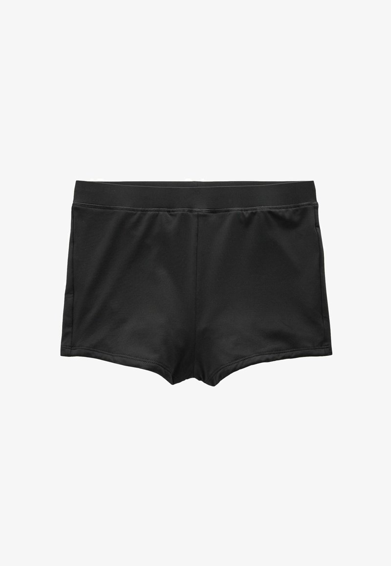 Schwarze Badeshorts aus glattem, elastischem Stoff. Verfügt über ein tief sitzendes Design mit einem Bund, sauberen Nähten und ohne Muster oder Akzente.