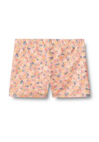 Blommönstrade shorts med en ljus rosa bakgrund prydd med små gula, blå och vita blommor. Elastisk midja, bomullstyg.