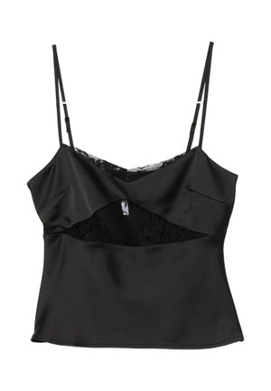 Camisole in satin nero con spalline sottili regolabili e dettaglio in pizzo sotto il seno e lungo lo scollo.