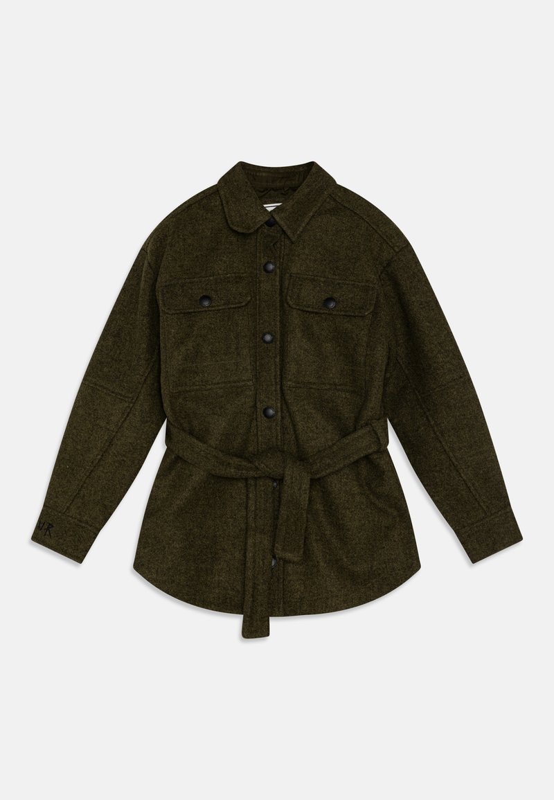 Olijfgroene, wollen shirtjack met knoopsluiting, twee borstzakken en een gestrikt taille, met een afgeronde zoom en lange mouwen.
