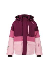 Paarse en roze gewatteerde jas met capuchon, met contrasterende kleurvlakken, twee voorzakken en een met rits afsluitbare borstzak.