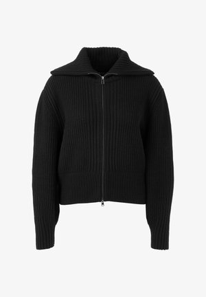 Black ribbed knit sweater with a wide collar and zip closure, featuring long sleeves and a cropped fit. Durable texture with structured design.
