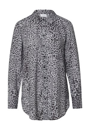 Leopardprint overhemd met knopen in grijstinten, featuring een kraag, zwarte knopen en een afgeronde zoom met lange mouwen.