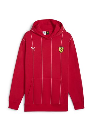Rød hættebluse lavet af glat stof, med hvide lodrette striber, en front kangaroo lomme, og et sort og gult Ferrari logo.