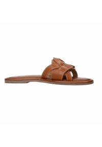 Sandales à glissière en cuir marron avec des brides entrecroisées, bout ouvert et semelle plate. Des surpiqûres blanches mettent en valeur les détails de conception.