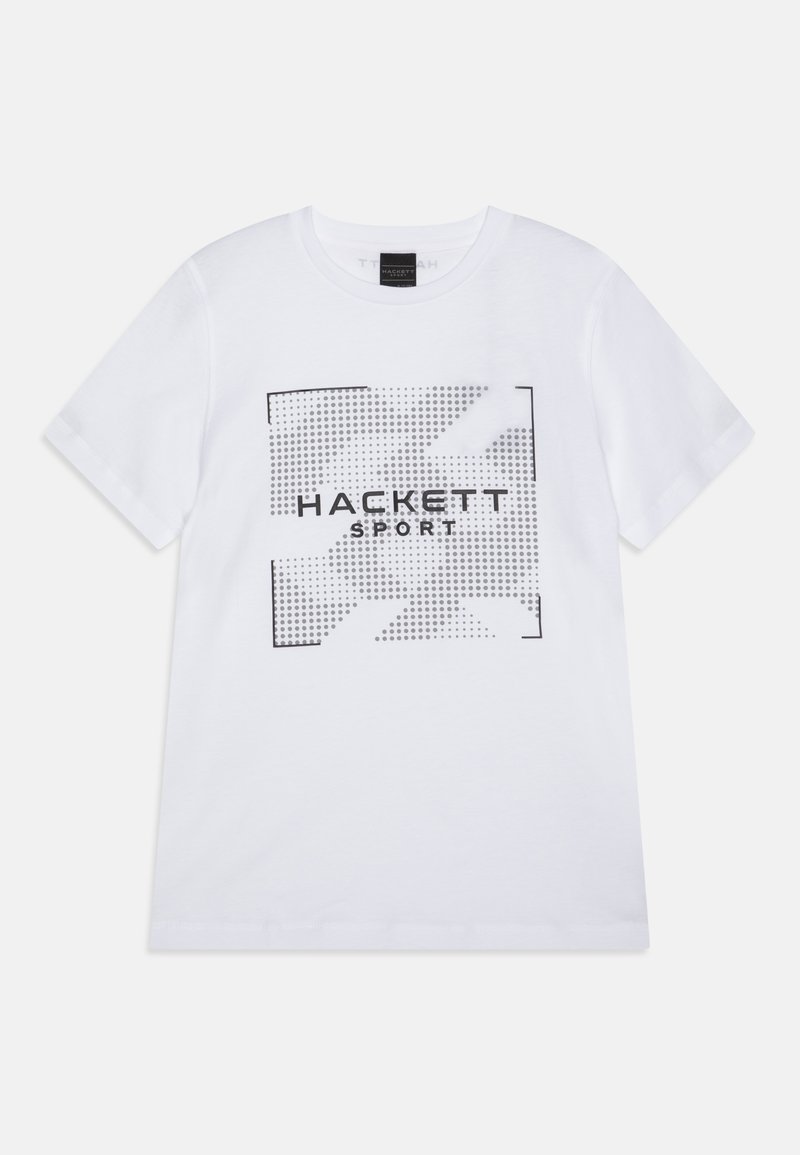 Weißes Baumwoll-T-Shirt mit einem schwarzen Grafikdesign, darauf der Text "HACKETT SPORT" und ein Gittermuster. Kurze Ärmel und Rundhalsausschnitt.