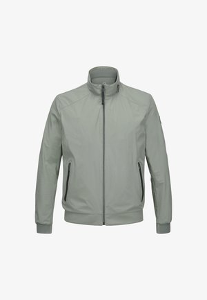 Hellgraue Jacke mit hohem Kragen, Reißverschluss und zwei Seitentaschen. Glatter Stoff mit elastischen Bündchen und Saum.